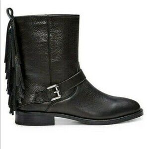Rebecca Minkoff Sanura Booties 6.5 Black Western Leather Fringe Buckle Moto